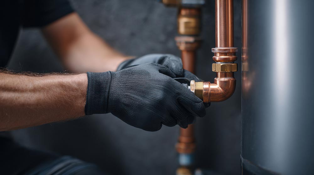 Technician checking copper water pipes for leaks.